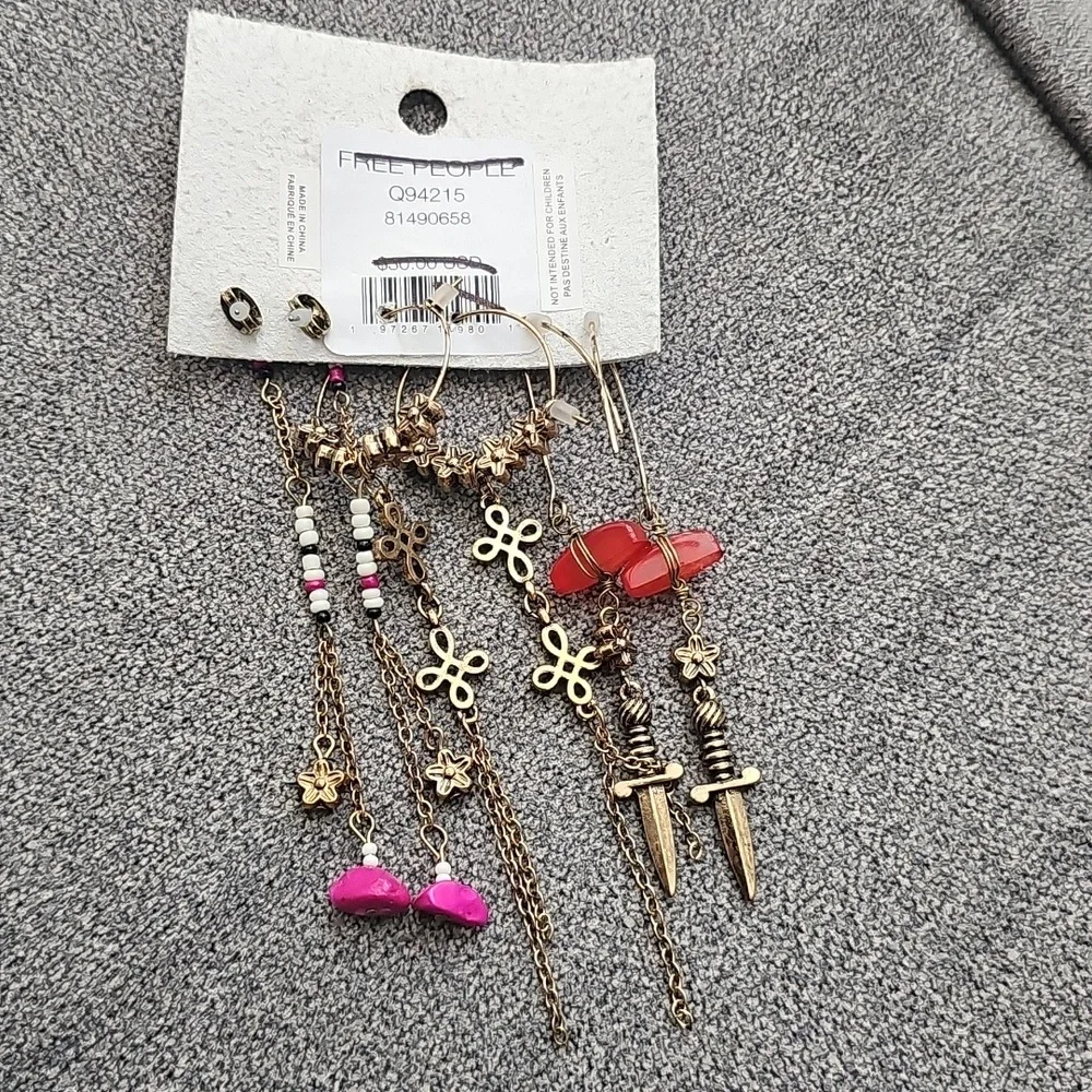 NWT Free People Siren Hoops Earrings Set 3 Pairs Gold Tone Dangle - Picture 6 of 6